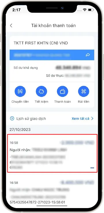 Bước 3: Hiển thị lịch sử giao dịch » Ấn vào giao dịch cần kiểm tra